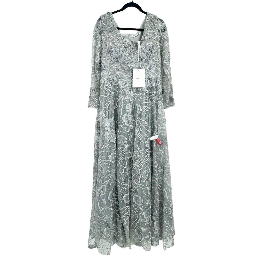 Mac Duggal Jewel Encrusted Long Sleeve Square Neck Gown Dove Grey Size 8 NWT - Picture 7 of 12